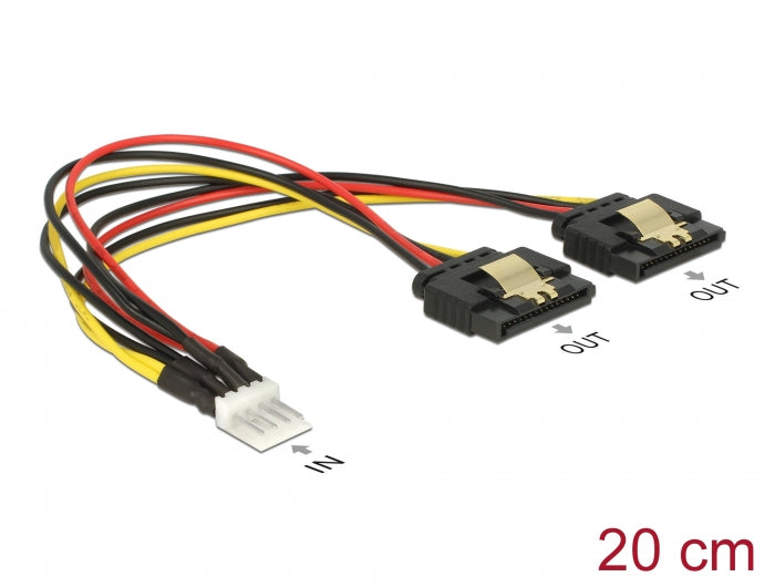 Delock Kabel Power Floppy 4 Pin Stecker > 2 x SATA 15 Pin Buchse Metall 20 cm