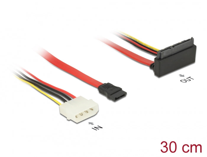 Delock Kabel SATA 6 Gb/s 7 Pin Buchse + Molex 4 Pin Strom Stecker > SATA 22 Pin Buchse oben gewinkelt Metall 30 cm