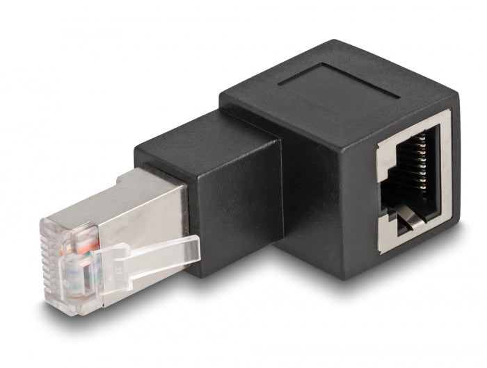 Delock RJ45 Stecker zu RJ45 Buchse Adapter Cat.6A 90° nach oben gewinkelt