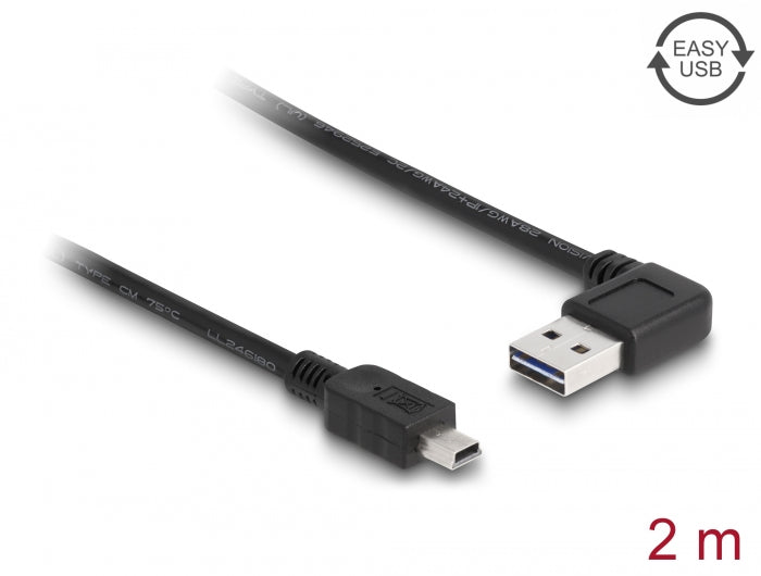 Delock Kabel EASY-USB 2.0 Typ-A Stecker gewinkelt links / rechts > USB 2.0 Typ Mini-B Stecker 2 m