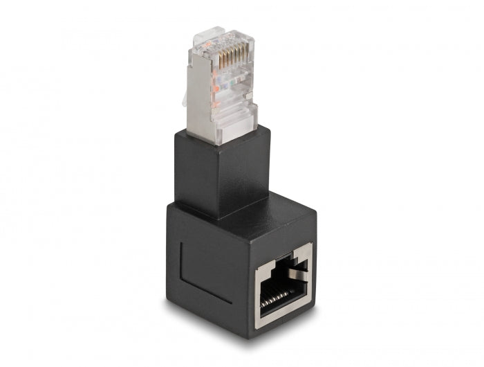 Delock RJ45 Stecker zu RJ45 Buchse Adapter Cat.6A 90° nach unten gewinkelt