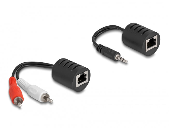 Delock Stereo Audio Extender RJ45 Buchse zu 3,5 mm Klinkenstecker und RJ45 Buchse zu 2 x Cinch Stecker Cat.5 bis 50 m Set 2 Stück