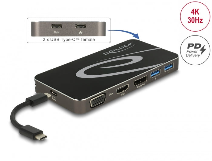 Delock USB Type-C™ 3.2 Dockingstation 4K HDMI + DP / 1080p VGA, USB Hub und PD 3.0