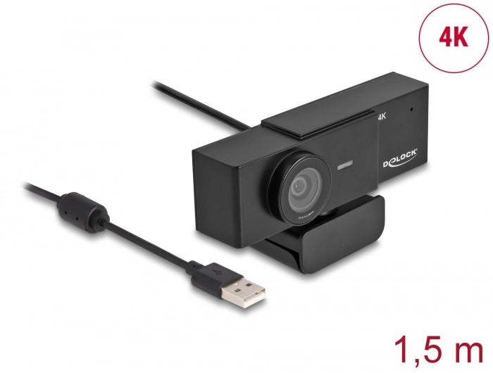 Delock USB UHD Webcam mit Mikrofon 4K 30 Hz 110° Blickwinkel und Stativ
