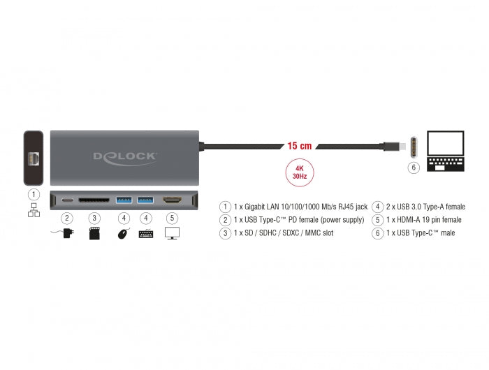 Delock USB Type-C™ 3.1 Dockingstation HDMI 4K 30 Hz, Gigabit LAN und USB PD Funktion