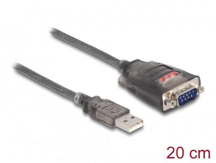 Delock Adapter USB 2.0 Typ-A zu 1 x Seriell RS-232 D-Sub 9 Pin Stecker mit Muttern mit 3 x LED 0,2 m