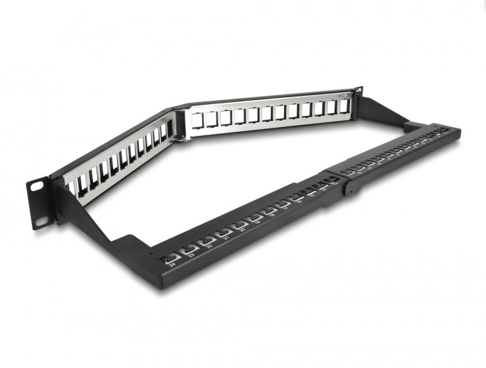 Delock 19″ Keystone Patchpanel 24 Port mit Entlastungsschiene 1 HE gewinkelt schwarz