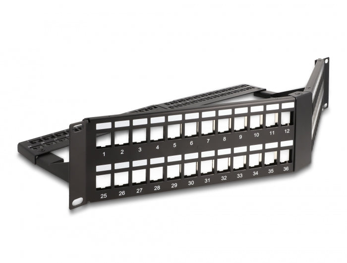 Delock 19″ Keystone Patchpanel 48 Port mit Entlastungsschiene 2 HE gewinkelt schwarz
