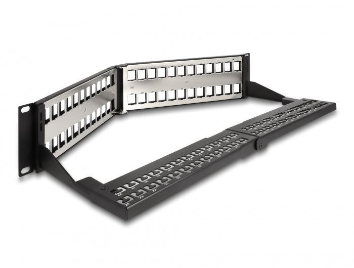Delock 19″ Keystone Patchpanel 48 Port mit Entlastungsschiene 2 HE gewinkelt schwarz