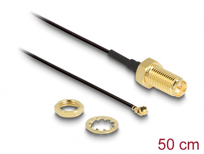 Delock Antennenkabel RP-SMA Buchse zum Einbau zu I-PEX Inc., MHF® I Stecker 1.13 50 cm Gewindelänge 10 mm