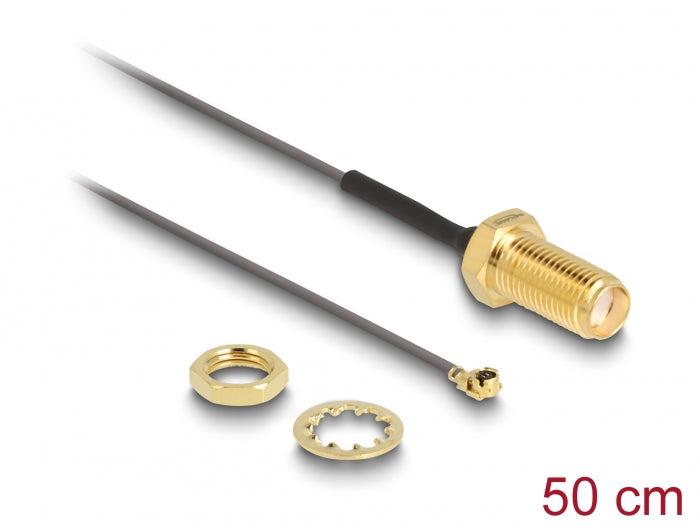 Delock Antennenkabel SMA Buchse zum Einbau zu I-PEX Inc., MHF® I Stecker 1.13 50 cm Gewindelänge 10 mm