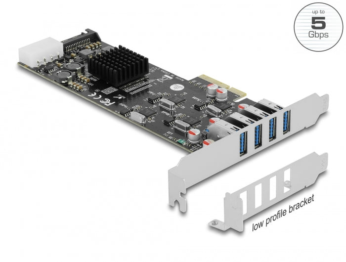 Delock PCI Express x4 Karte zu 4 x extern SuperSpeed USB 5 Gbps (USB 3.2 Gen 1) USB Typ-A Buchse Quad Channel - Low Profile Formfaktor