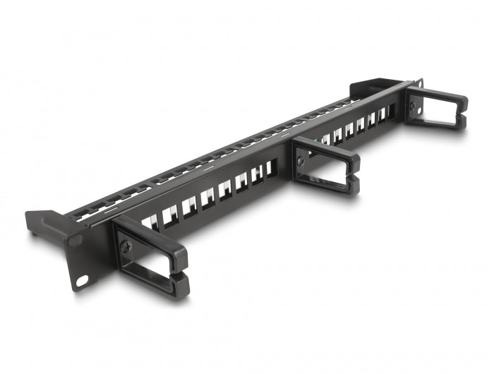 Delock 19″ Keystone Patchpanel 16 Port mit 3 Bügeln und Entlastungsschiene 1 HE schwarz