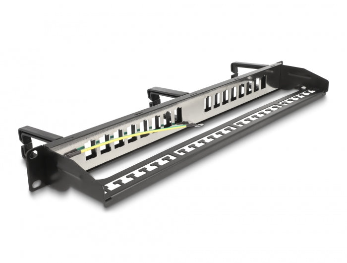 Delock 19″ Keystone Patchpanel 16 Port mit 3 Bügeln und Entlastungsschiene 1 HE schwarz
