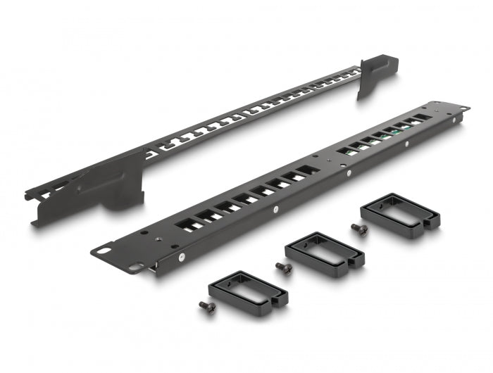 Delock 19″ Keystone Patchpanel 16 Port mit 3 Bügeln und Entlastungsschiene 1 HE schwarz