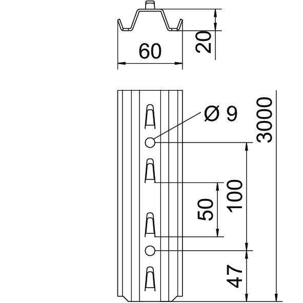 BETTERMANN Trapezschiene ST 3000x60x20mm TP-Serie TPSG 3000 FS D2mm Rück_gel