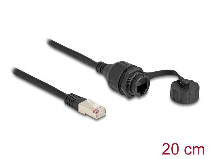 Delock Kabel RJ50 Stecker zu RJ50 Buchse zum Einbau mit Verschlusskappe IP67 staub- und wasserdicht 20 cm