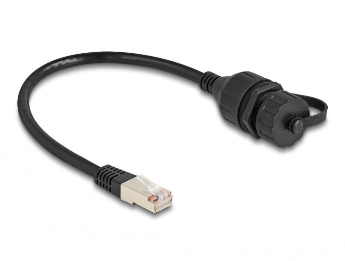 Delock Kabel RJ50 Stecker zu RJ50 Buchse zum Einbau mit Verschlusskappe IP67 staub- und wasserdicht 20 cm