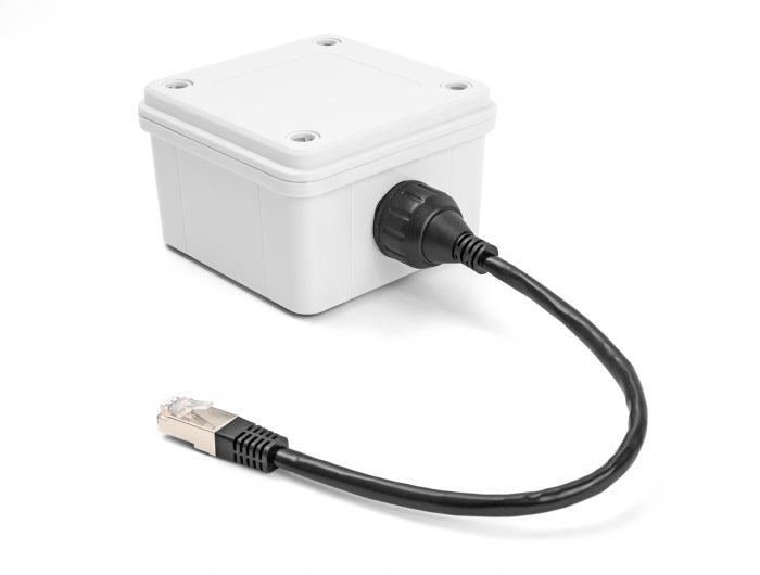 Delock Kabel RJ50 Stecker zu RJ50 Buchse zum Einbau mit Verschlusskappe IP67 staub- und wasserdicht 20 cm