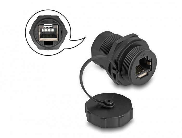 Delock RJ45 Cat.6A Kupplung mit Verschlusskappe IP67 staub- und wasserdicht