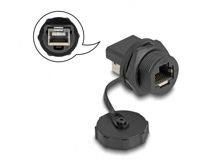 Delock RJ45 Cat.6A Kupplung mit Verschlusskappe zum Einbau IP67 staub- und wasserdicht