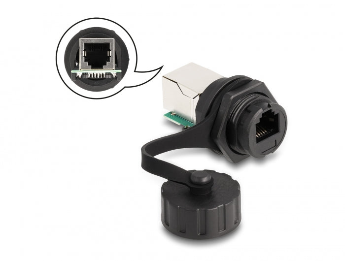Delock Kabelverbinder RJ12 Buchse zu RJ12 Buchse zum Einbau mit Verschlusskappe IP68 staub- und wasserdicht schwarz