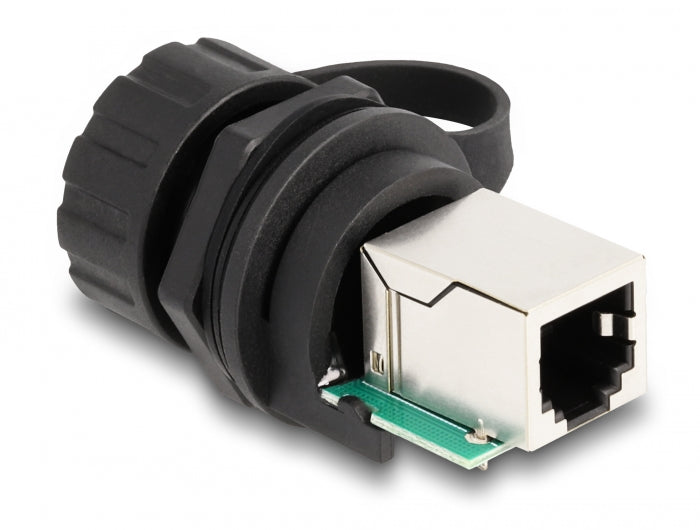 Delock Kabelverbinder RJ12 Buchse zu RJ12 Buchse zum Einbau mit Verschlusskappe IP68 staub- und wasserdicht schwarz
