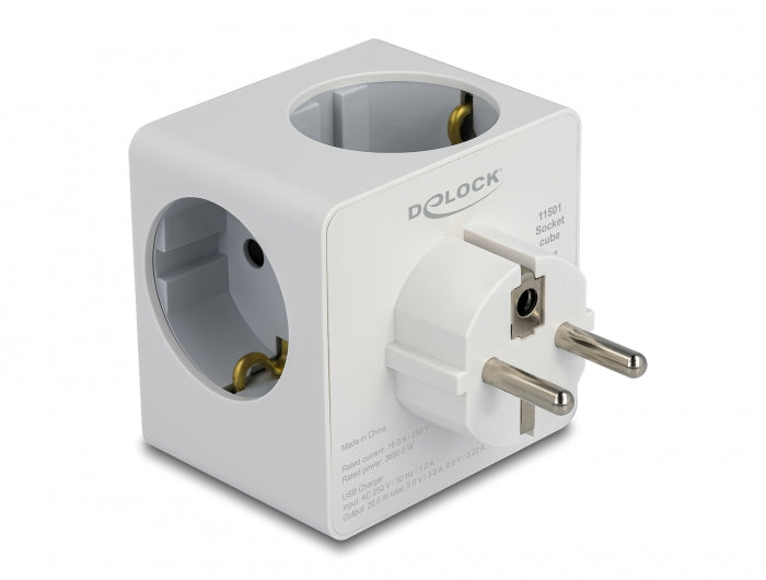Delock Steckdosenwürfel 3-fach mit Kindersicherung und USB PD 3.0 Ladegerät 20 W weiß