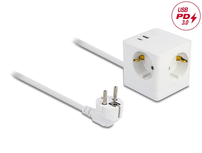 Delock Steckdosenwürfel mit Verlängerungskabel 3-fach mit Kindersicherung und USB PD 3.0 Ladegerät 20 W, 1,5 m Kabel, weiß