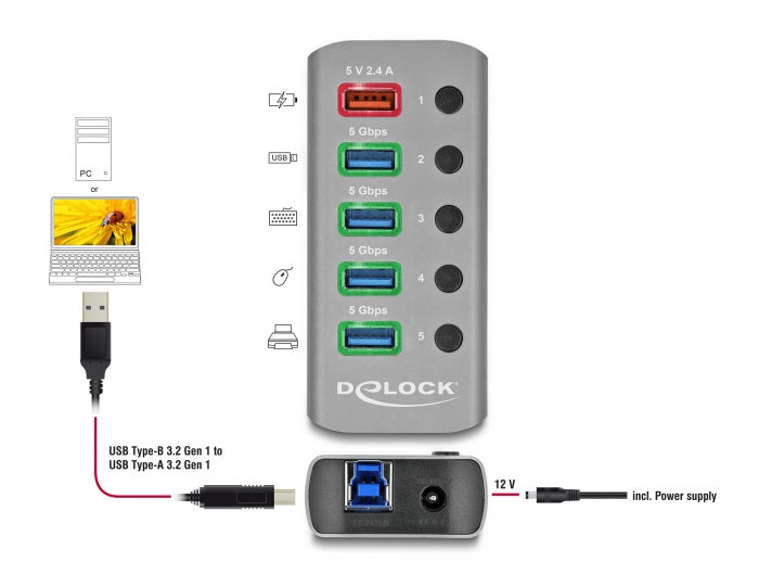 Delock USB 5 Gbps Hub mit 4 Ports + 1 Schnellladeport mit Schalter und Beleuchtung