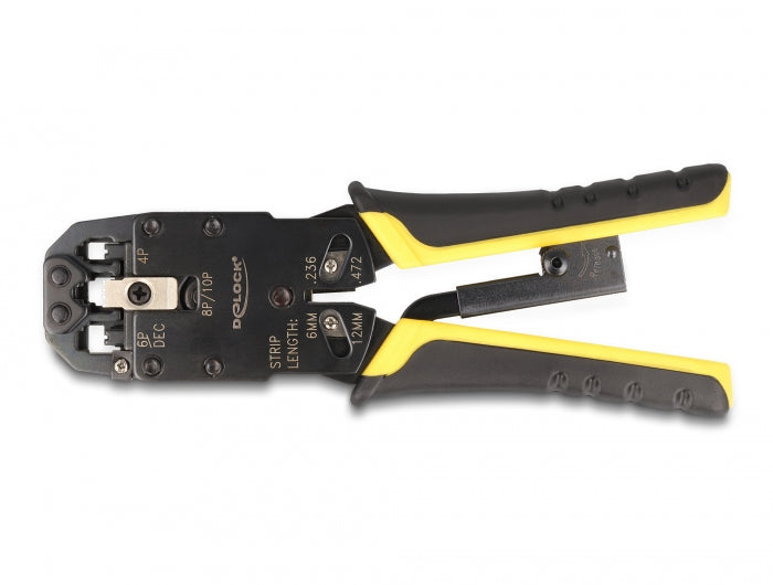 Delock Universelle Crimpzange mit Abisolierer für 10P (RJ50), 8P (RJ45), 6P (RJ12/11), 6P DEC oder 4P Modular Stecker