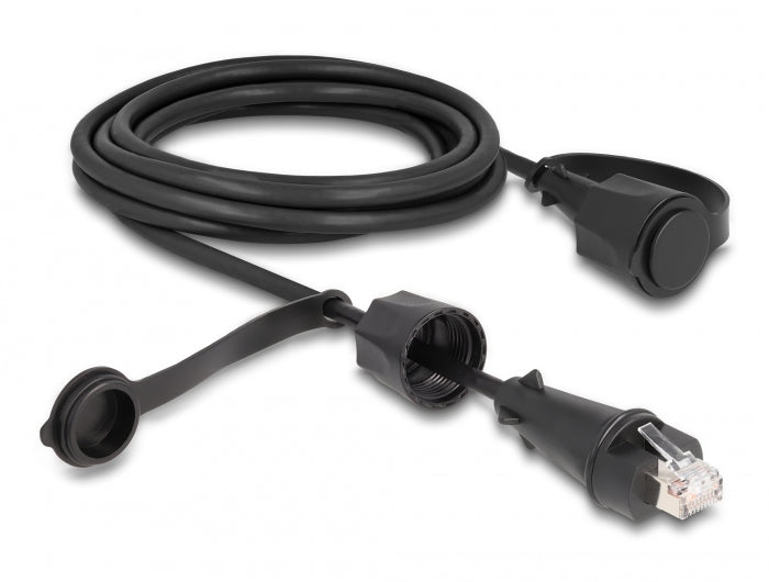 Delock Netzwerkkabel RJ45 Stecker zu RJ45 Stecker Cat.6 STP mit Verschlusskappe Outdoor IP68 staub- und wasserdicht schwarz 3 m