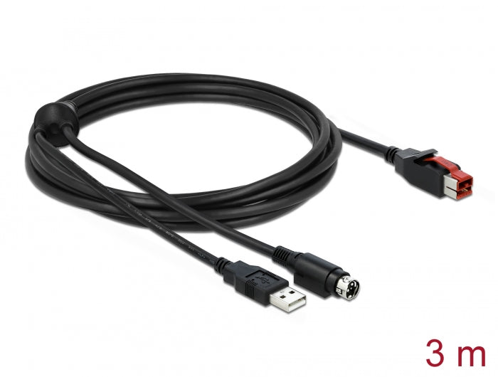 Delock PoweredUSB Kabel Stecker 24 V zu USB Typ-A Stecker + Mini-DIN 3 Pin Stecker 3 m für POS Drucker und Terminals