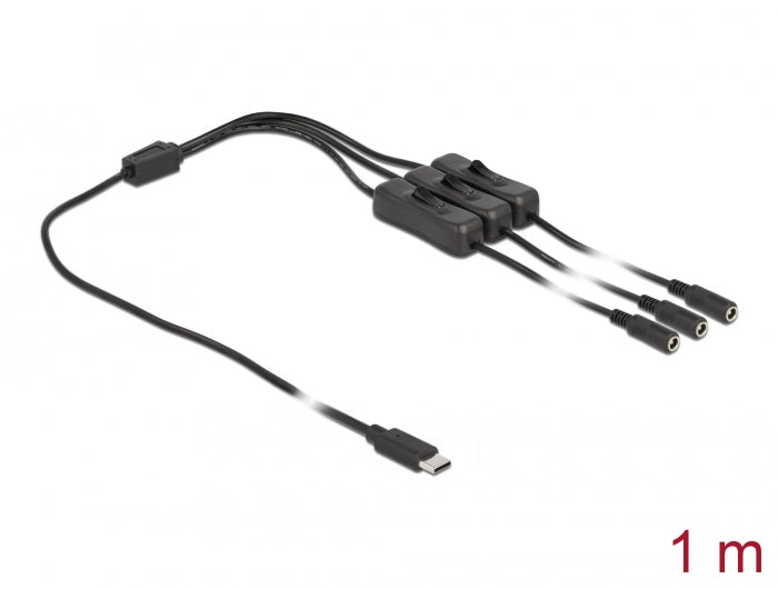 Delock Kabel USB Type-C™ Stecker zu 3 x DC 5,5 x 2,1 mm Buchse mit Schalter 1 m
