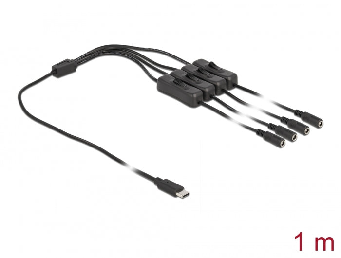 Delock Kabel USB Type-C™ Stecker zu 4 x DC 5,5 x 2,1 mm Buchse mit Schalter 1 m
