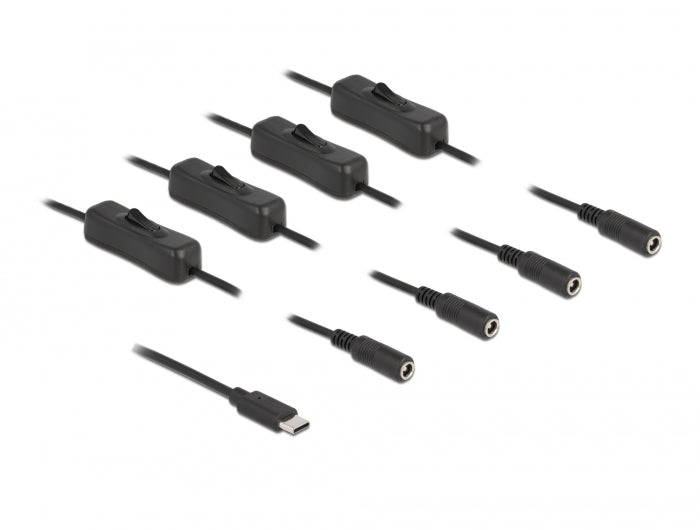 Delock Kabel USB Type-C™ Stecker zu 4 x DC 5,5 x 2,1 mm Buchse mit Schalter 1 m