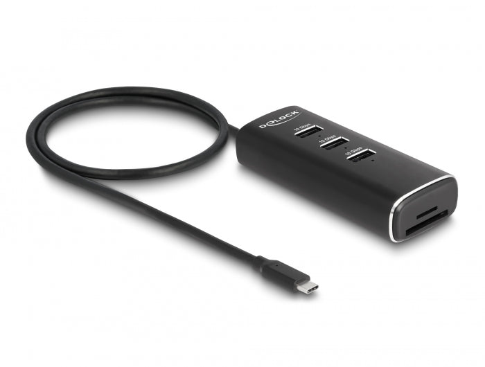 Delock 3 Port USB 10 Gbps Hub inklusive SD und Micro SD Card Reader mit USB Type-C™ Anschluss 60 cm Kabel und Schalter für jeden Port