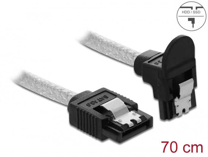Delock SATA 6 Gb/s Kabel gerade auf unten gewinkelt 70 cm transparent