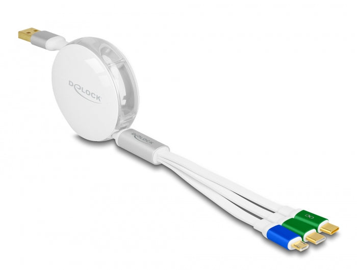 Delock USB 3 in 1 Aufrollladekabel Typ-A zu Micro USB / 2 x USB Type-C™ mit Schnellladefunktion weiß