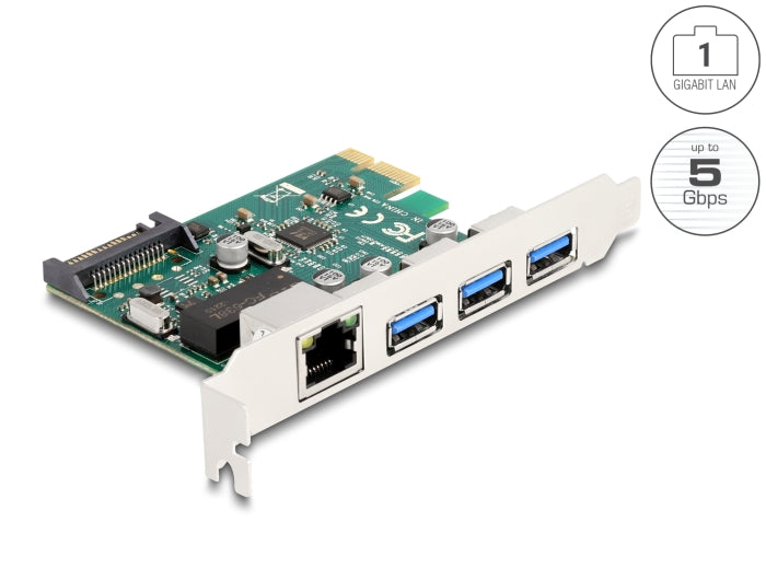 Delock PCI Express x1 Karte zu 3 x USB 5 Gbps Typ-A Buchse + 1 x Gigabit LAN