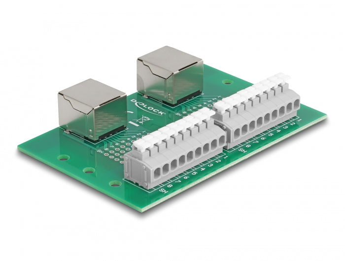 Delock RJ45 2 x Buchse zu 2 x Terminalblock mit Drucktaster für Hutschiene