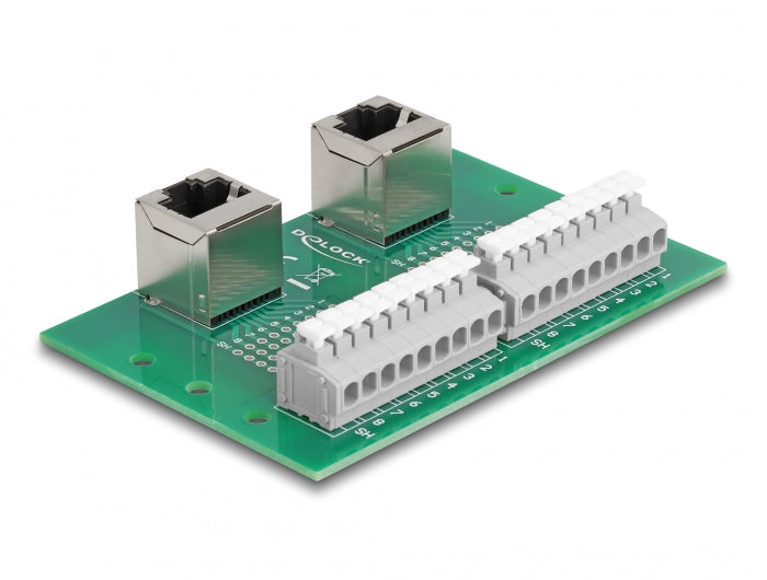 Delock RJ45 2 x Buchse zu 2 x Terminalblock mit Drucktaster für Hutschiene gewinkelt