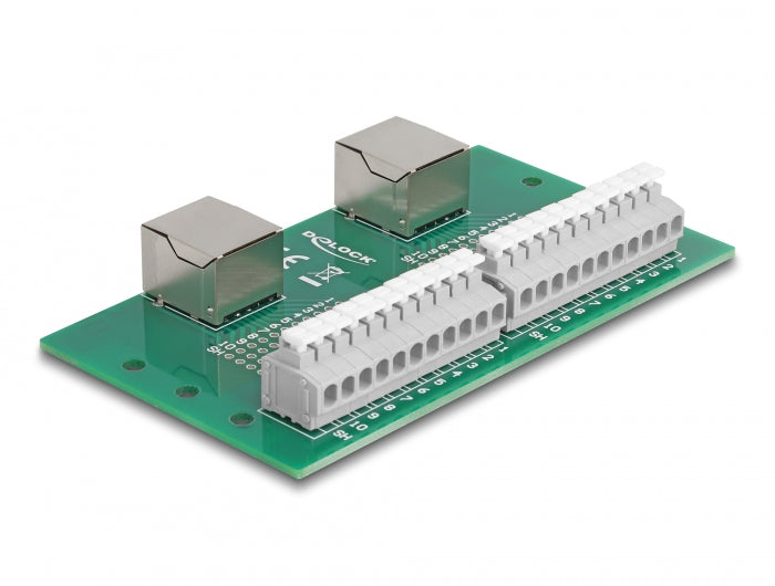 Delock RJ50 2 x Buchse zu 2 x Terminalblock mit Drucktaster für Hutschiene