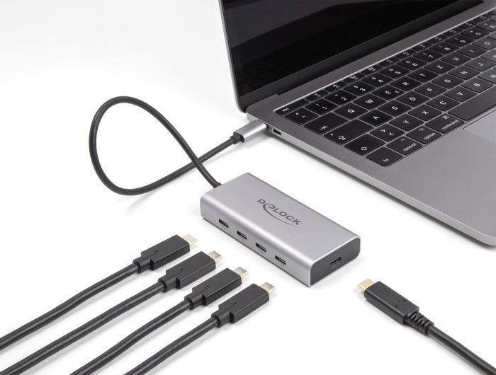 Delock USB 10 Gbps USB Type-C™ Hub mit 4 x USB Type-C™ Buchse + 1 x USB Type-C™ PD 85 Watt mit 30 cm Anschlusskabel