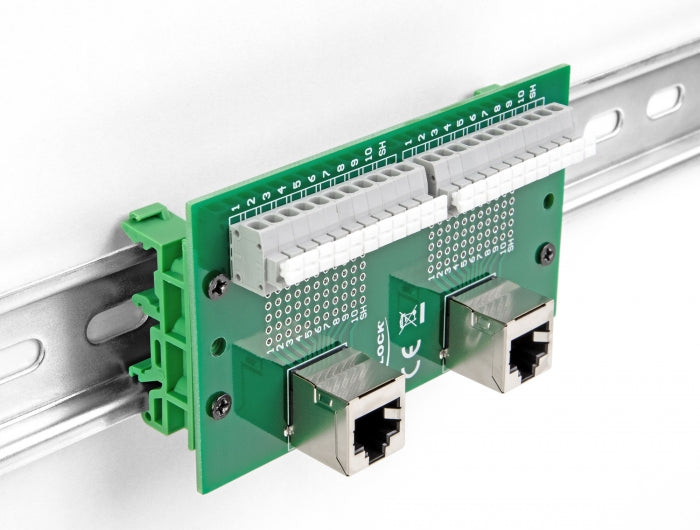 Delock RJ50 2 x Buchse zu 2 x Terminalblock mit Drucktaster für Hutschiene gewinkelt