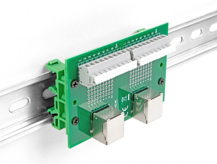 Delock RJ45 2 x Buchse zu 2 x Terminalblock mit Drucktaster für Hutschiene