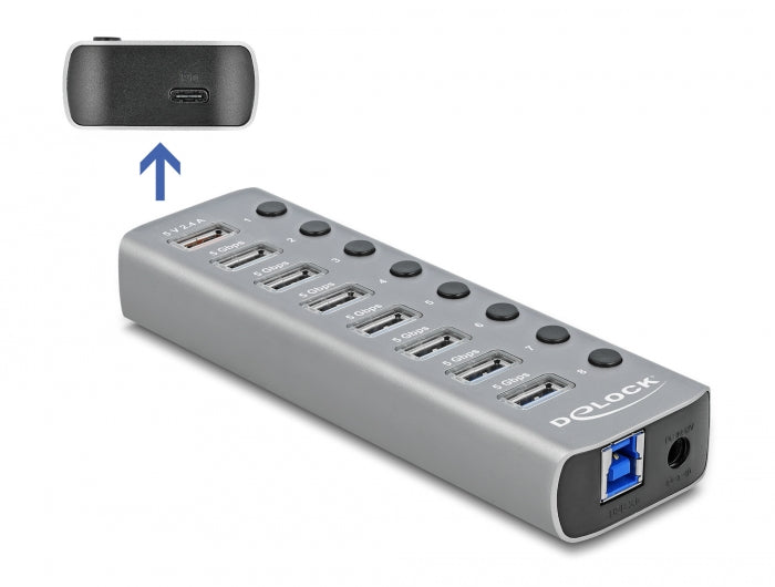 Delock USB 5 Gbps Hub mit 7 Ports + 1 Schnellladeport + 1 USB-C™ PD 3.0 Port mit Schalter und Beleuchtung
