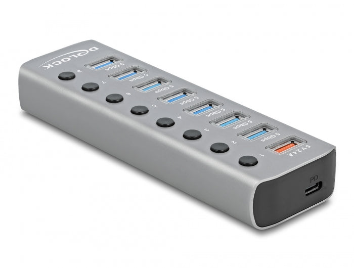 Delock USB 5 Gbps Hub mit 7 Ports + 1 Schnellladeport + 1 USB-C™ PD 3.0 Port mit Schalter und Beleuchtung