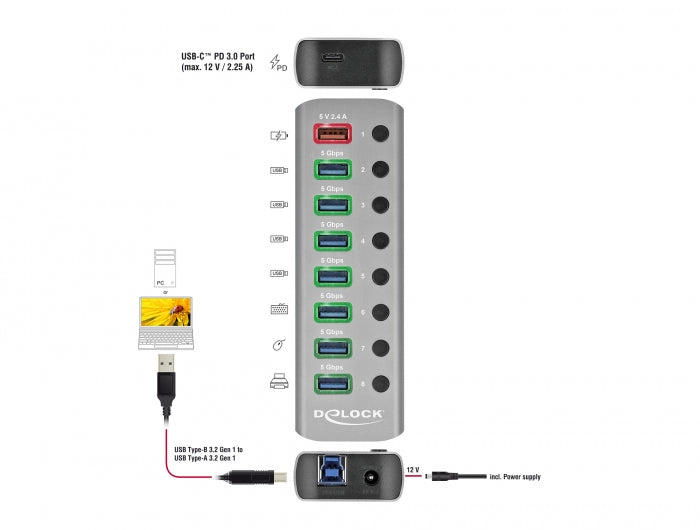 Delock USB 5 Gbps Hub mit 7 Ports + 1 Schnellladeport + 1 USB-C™ PD 3.0 Port mit Schalter und Beleuchtung