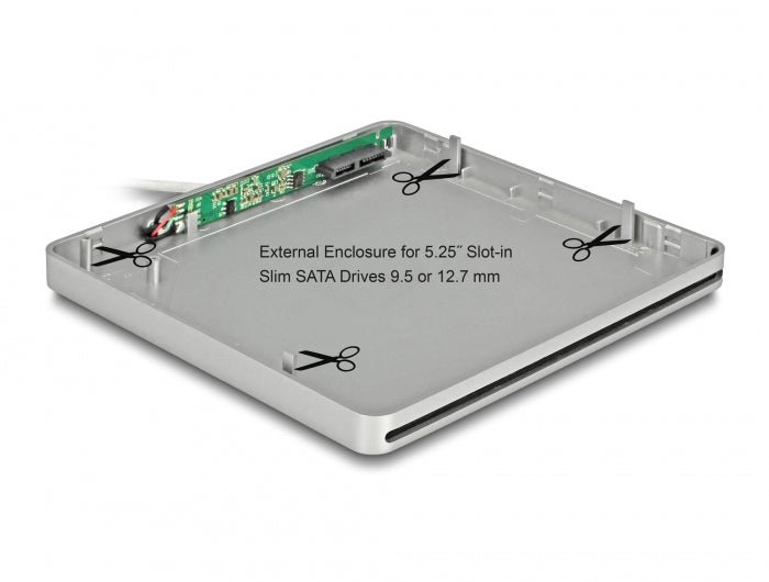 Delock Externes Gehäuse für 5.25″ Slot-in Slim SATA Laufwerke 9,5 / 12,7 mm zu USB Type-C™ Stecker silber